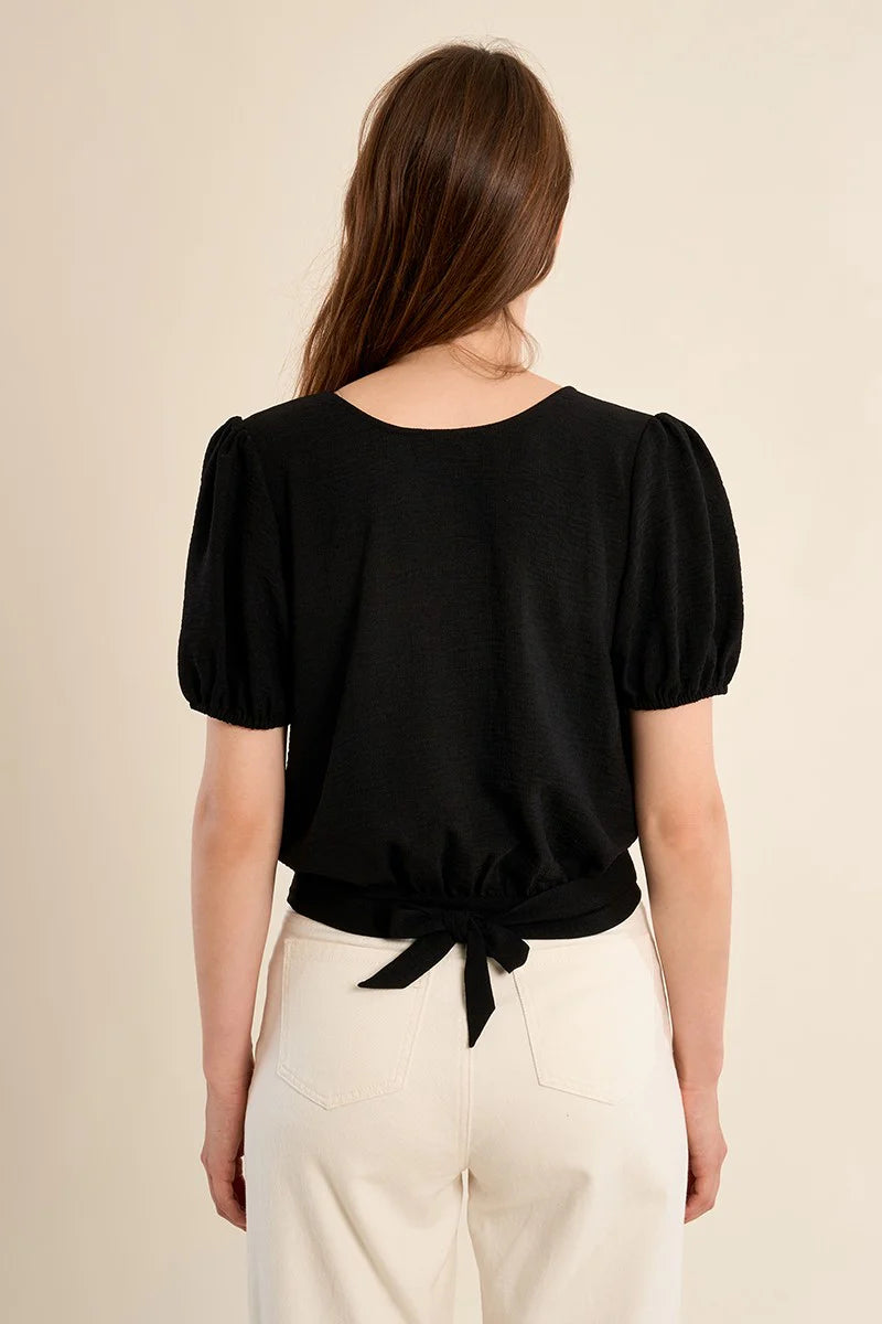 Black Buttoned Tie Blouse