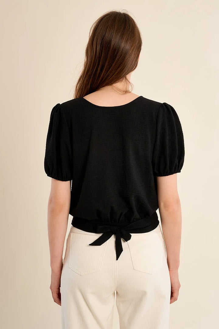 Black Buttoned Tie Blouse