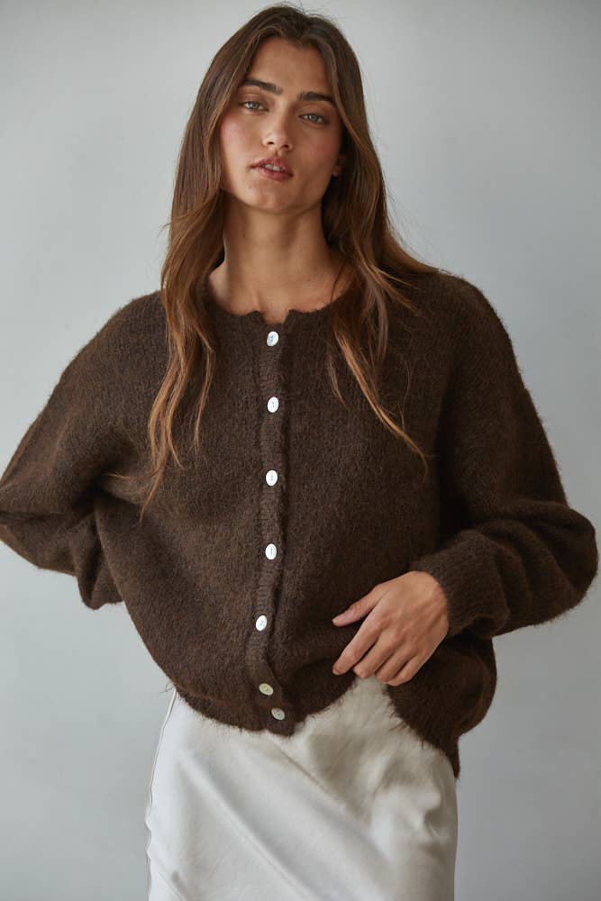 Brown Knit Crewneck Cardigan