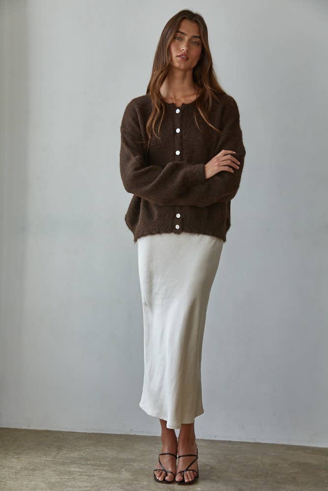 Brown Knit Crewneck Cardigan