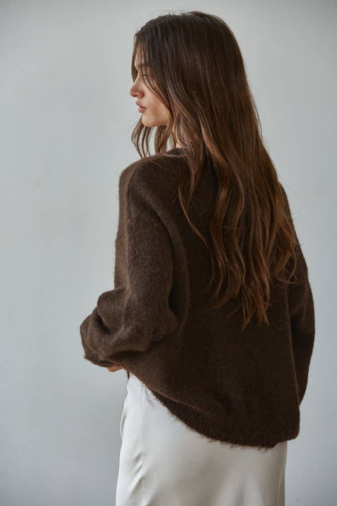 Brown Knit Crewneck Cardigan