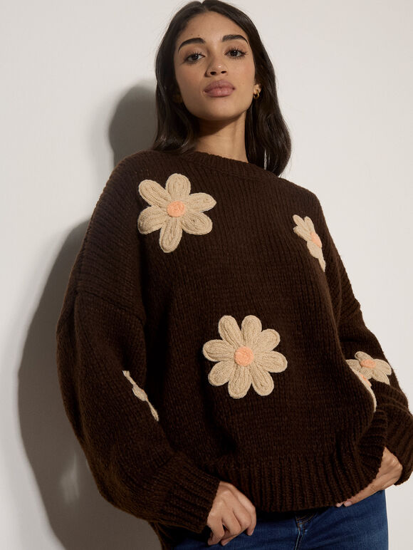 Chunky Knit Embroidered Daisies Sweater