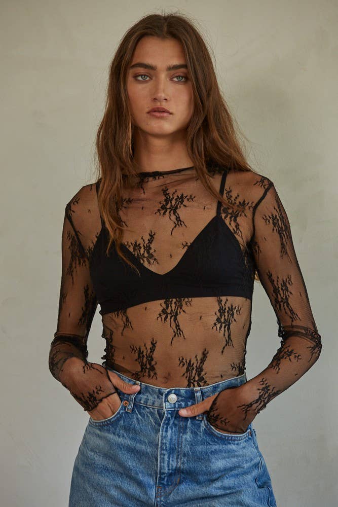 Lace Long Sleeve Mockneck Top