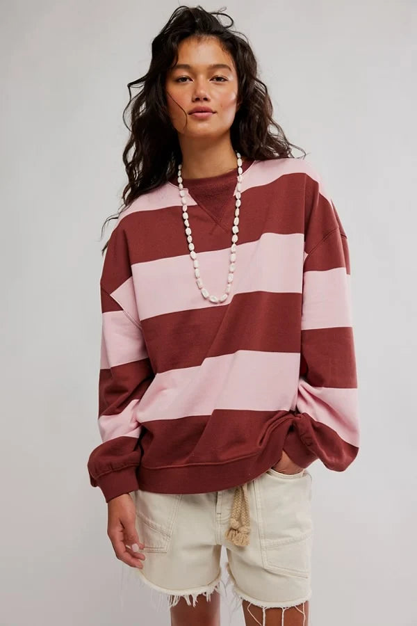 Classic Stripe Crew Wide in Strawberry Wine
