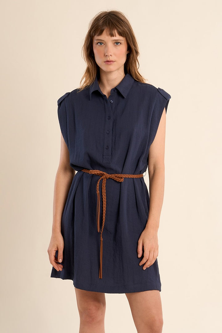 Navy Blue Belted Safari Dress