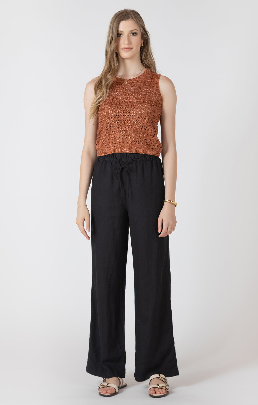 Elastic Waist Linen Pants - Black