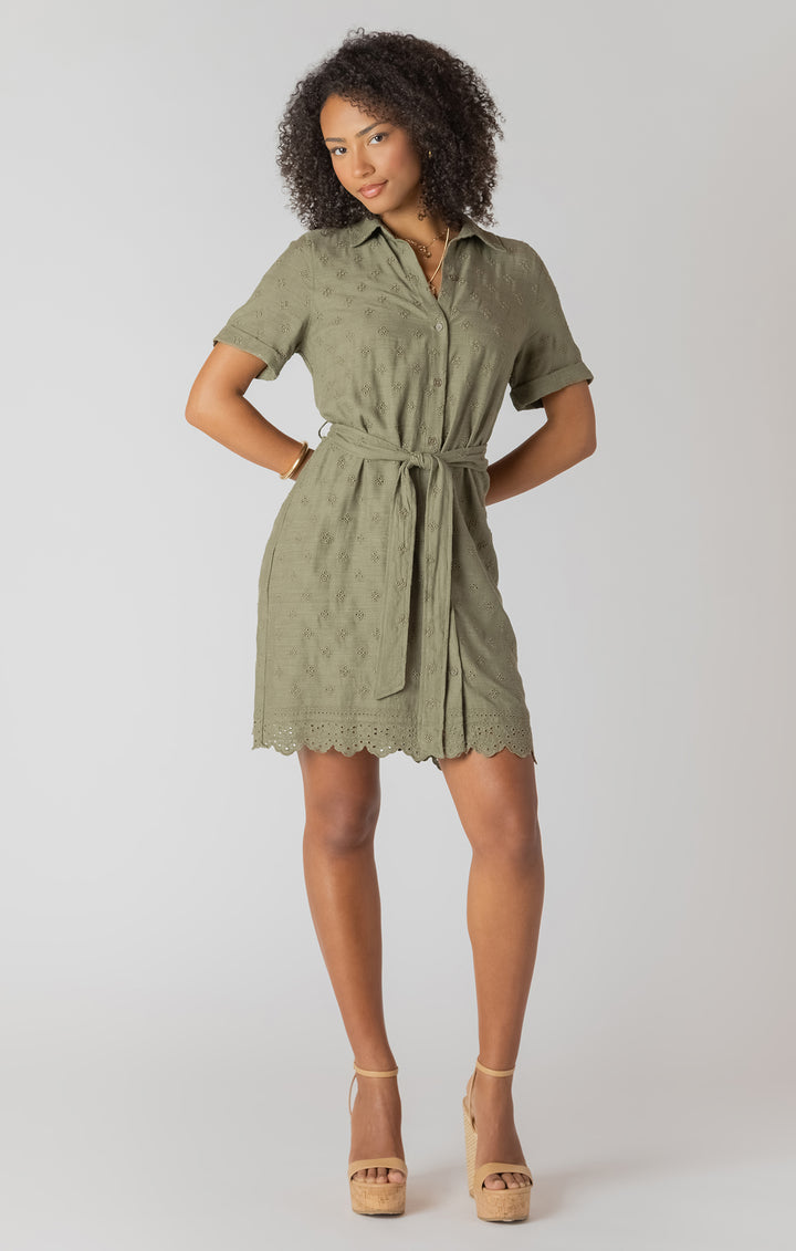 Belted Eyelet Shirt Dress